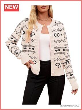 Heart Print Knit Cardigan Button Up Cropped Sweater